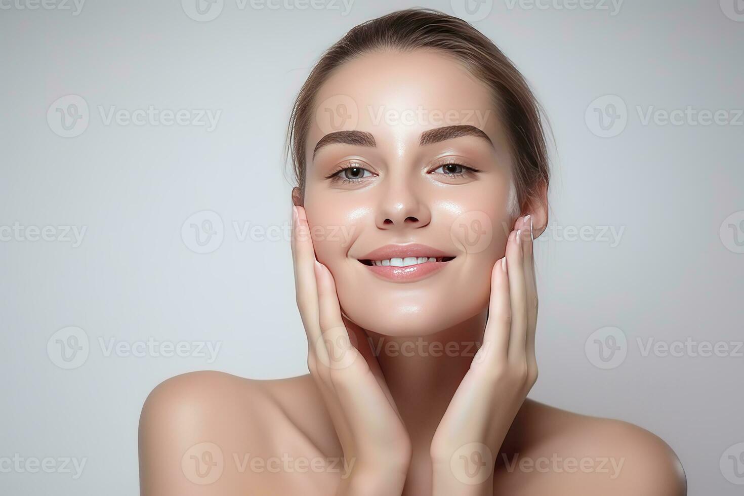 beautiful woman is touching her face with hands looking healthy and clean face, facial care, beauty salon, AI Generated photo