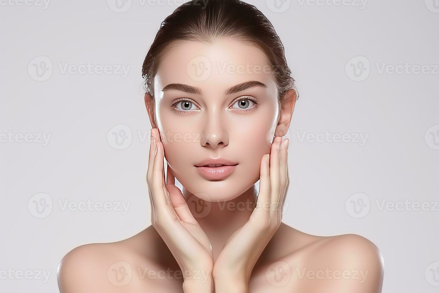 beautiful woman is touching her face with hands looking healthy and clean face, facial care, beauty salon, AI Generated photo