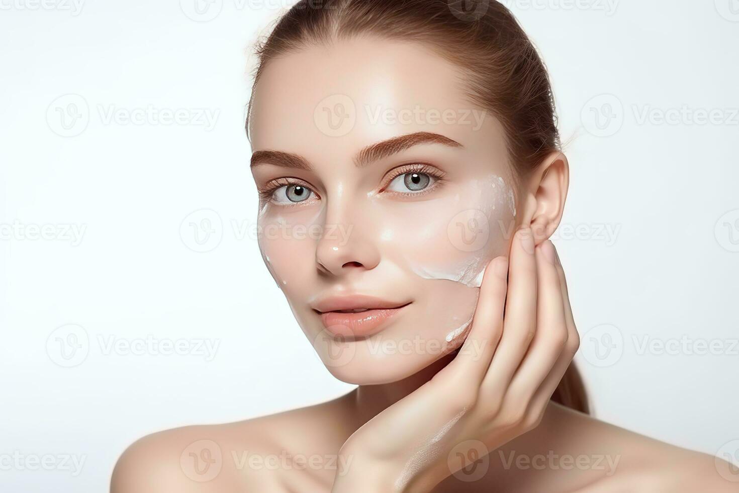 beautiful woman is touching her face with hands looking healthy and clean face, facial care, beauty salon, AI Generated photo