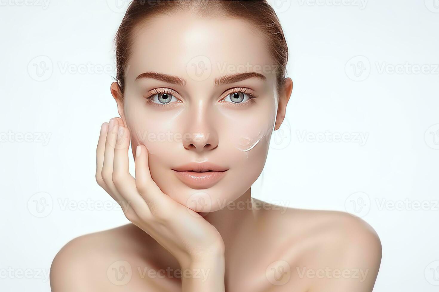 beautiful woman is touching her face with hands looking healthy and clean face, facial care, beauty salon, AI Generated photo