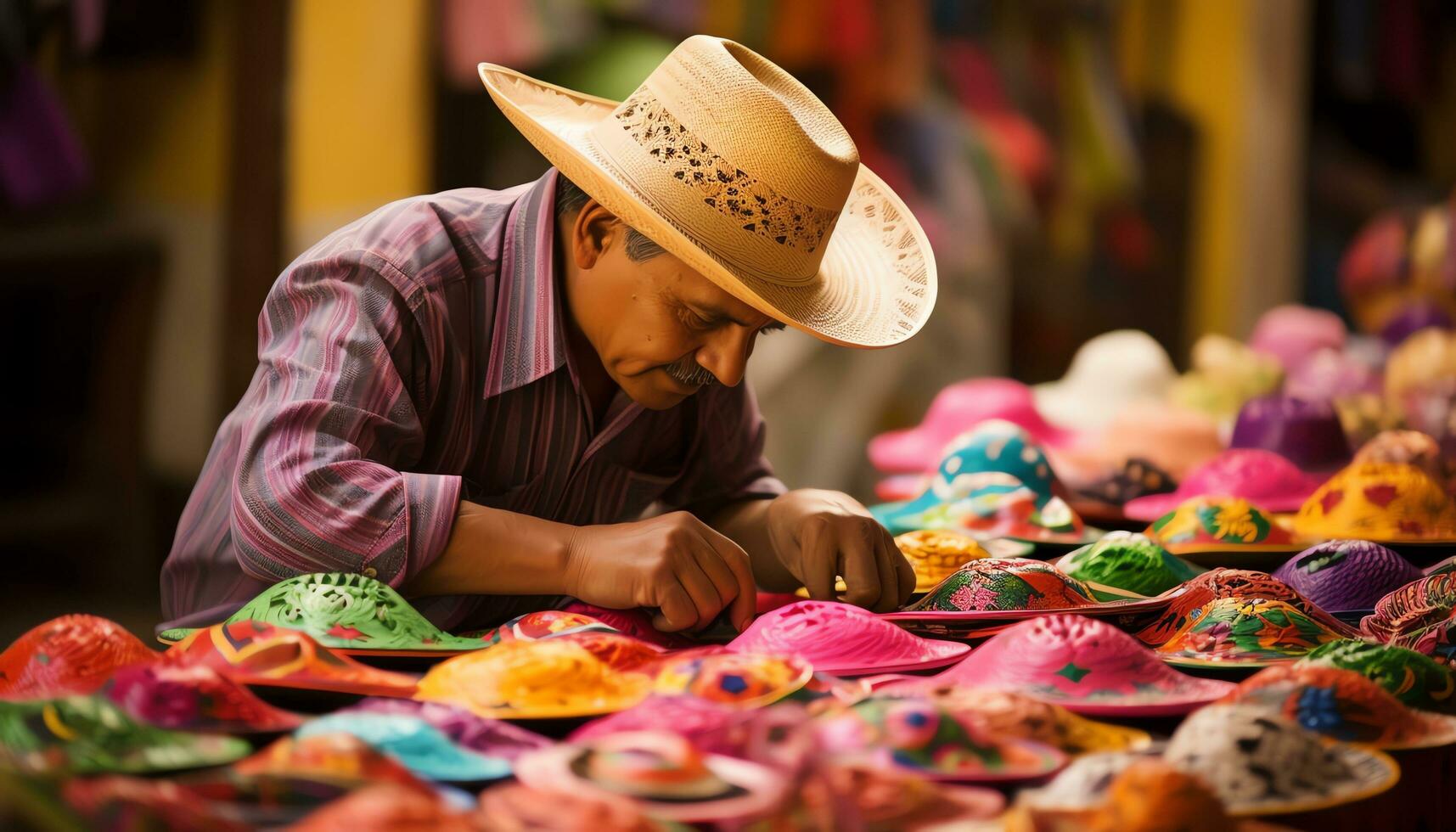 a man in a hat is selling colorful items Ai Generated photo