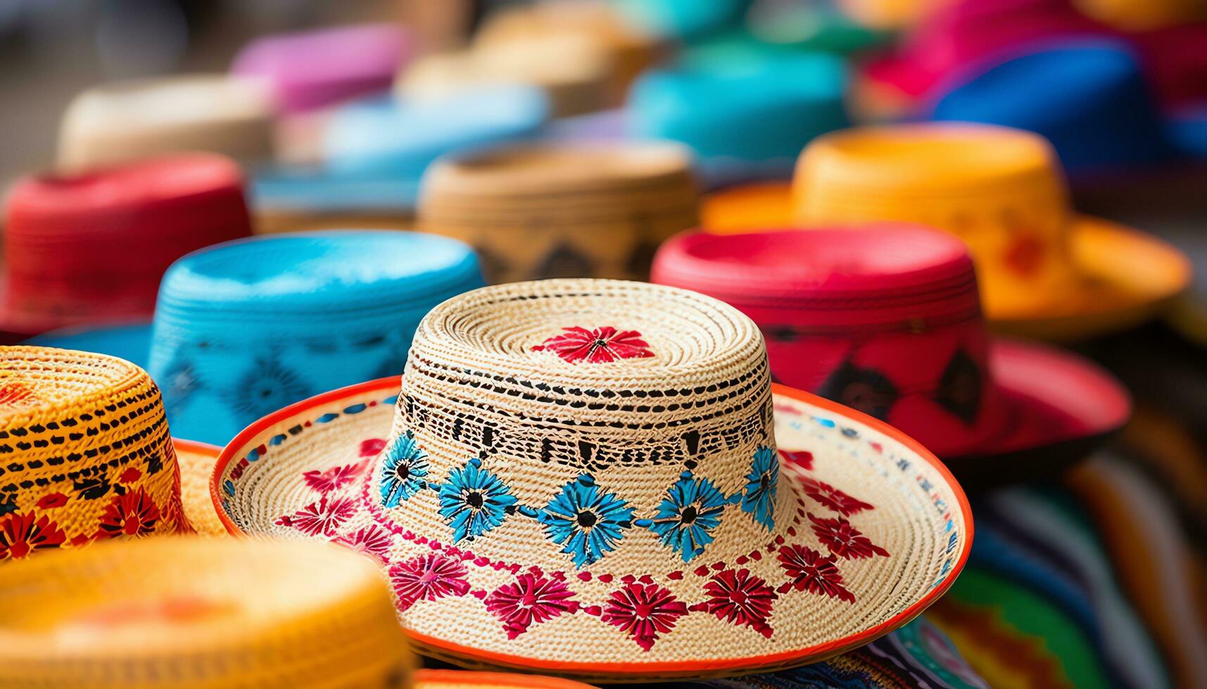 a man in a hat is working on a table with colorful hats Ai Generated photo