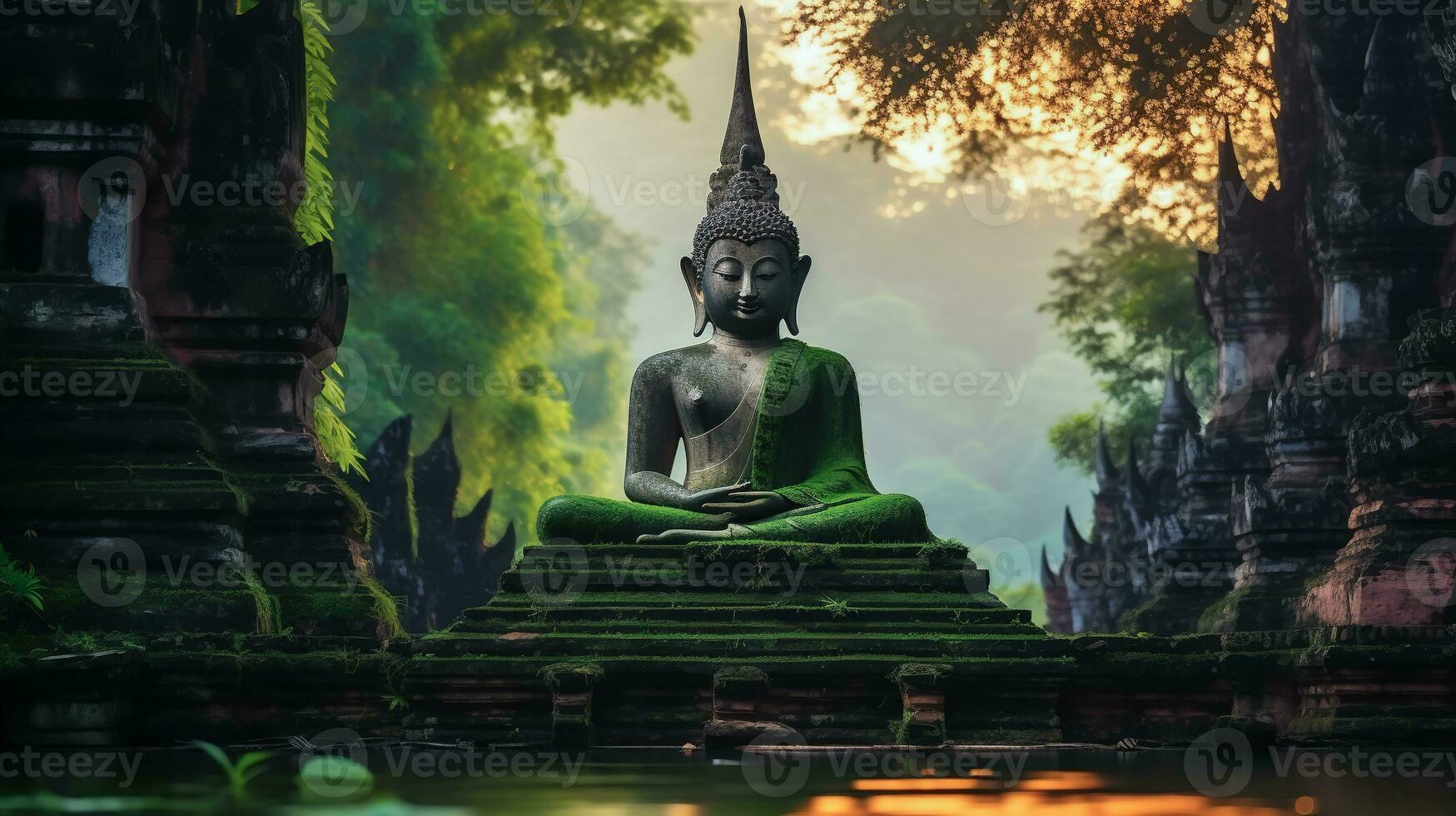 Buddha statue mediating with green nature background. Generative Ai. photo