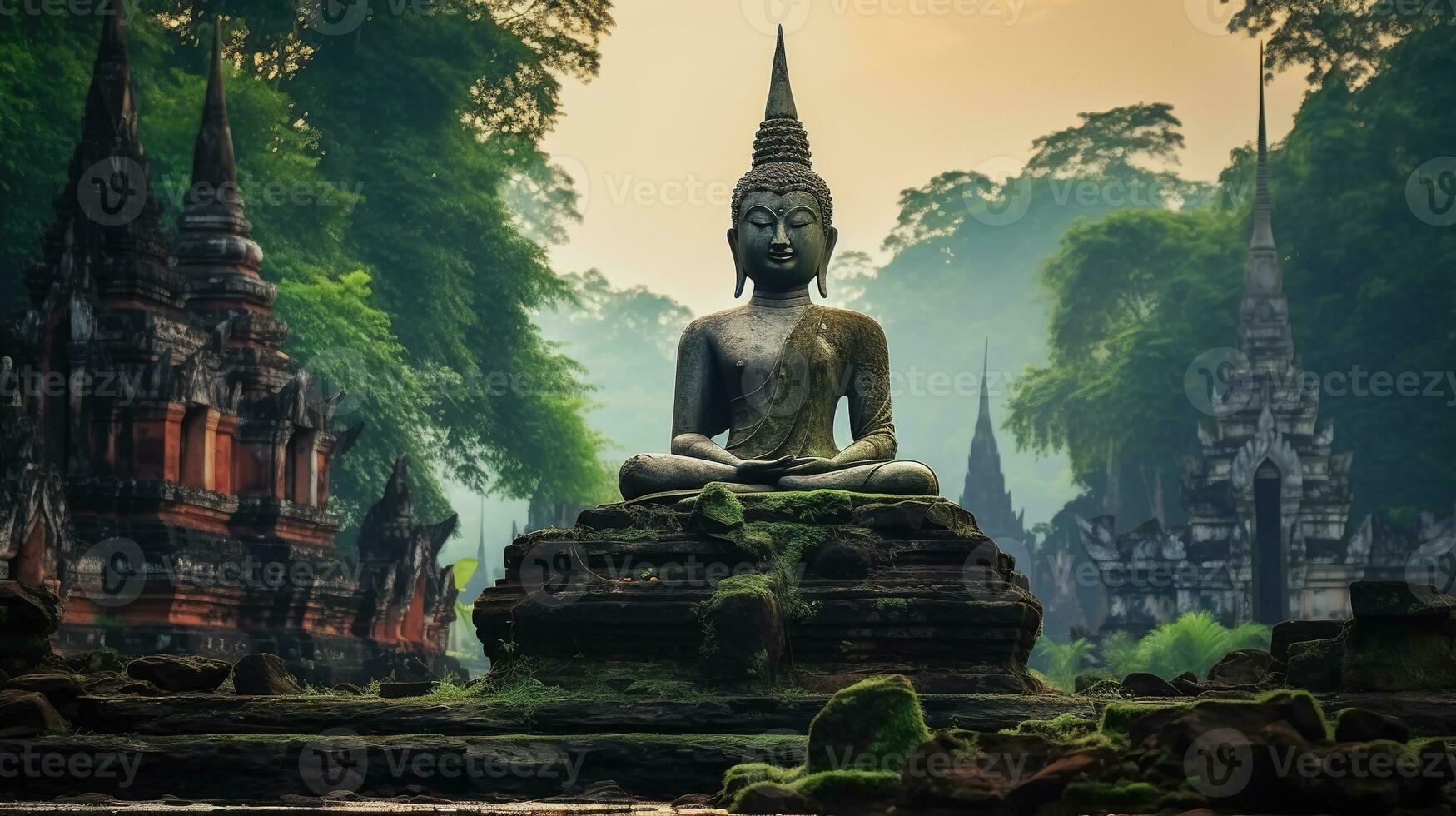 Buddha statue mediating with green nature background. Generative Ai. photo