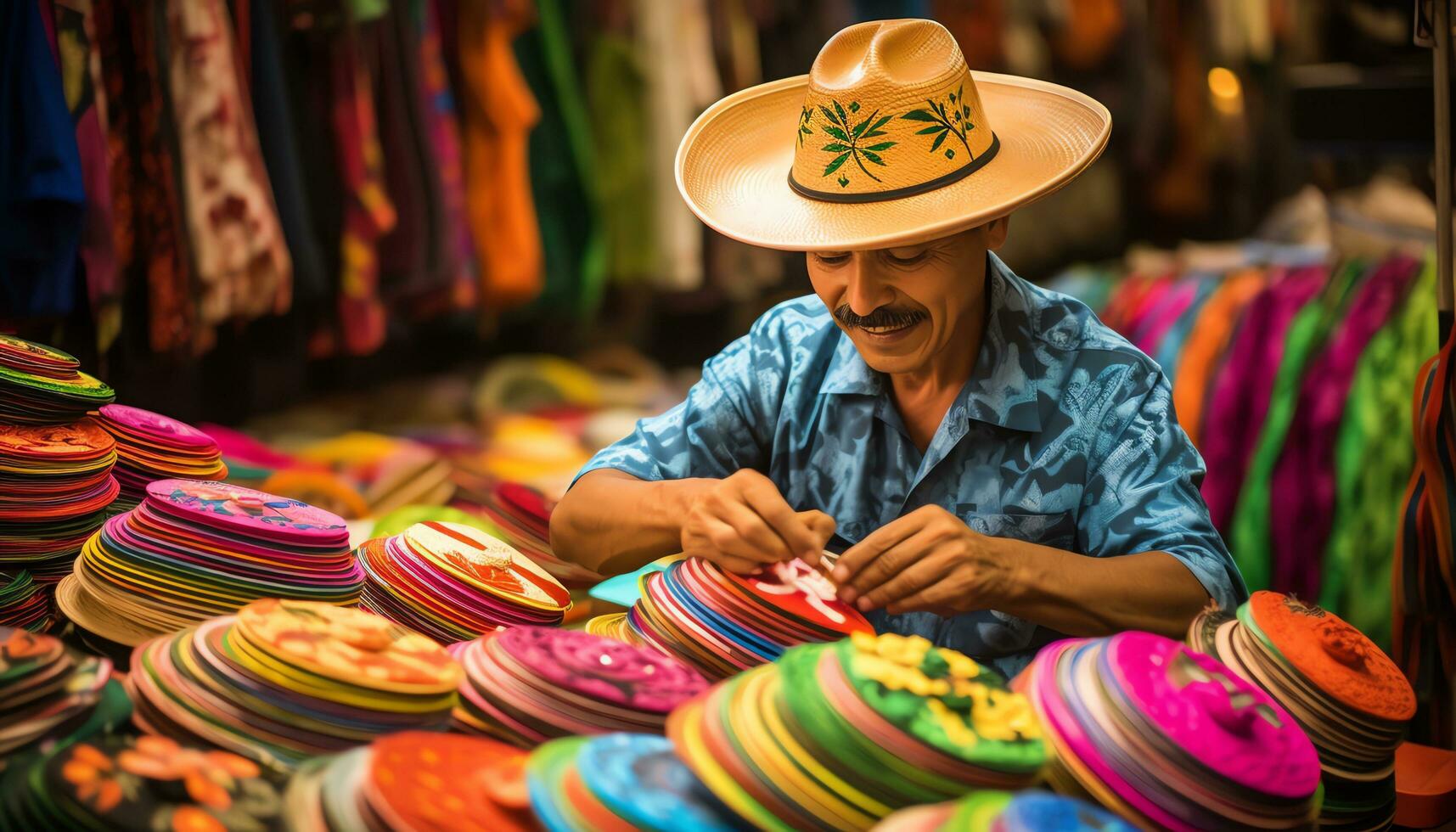 un hombre en un sombrero es trabajando en un mesa con vistoso sombreros ai generado foto