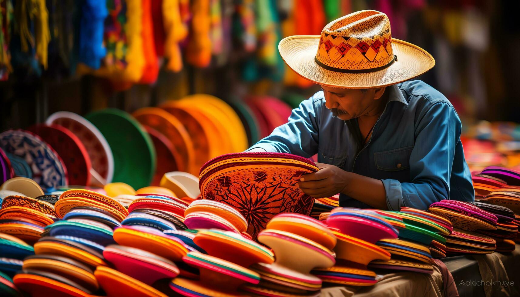 un hombre en un sombrero es trabajando en un mesa con vistoso sombreros ai generado foto