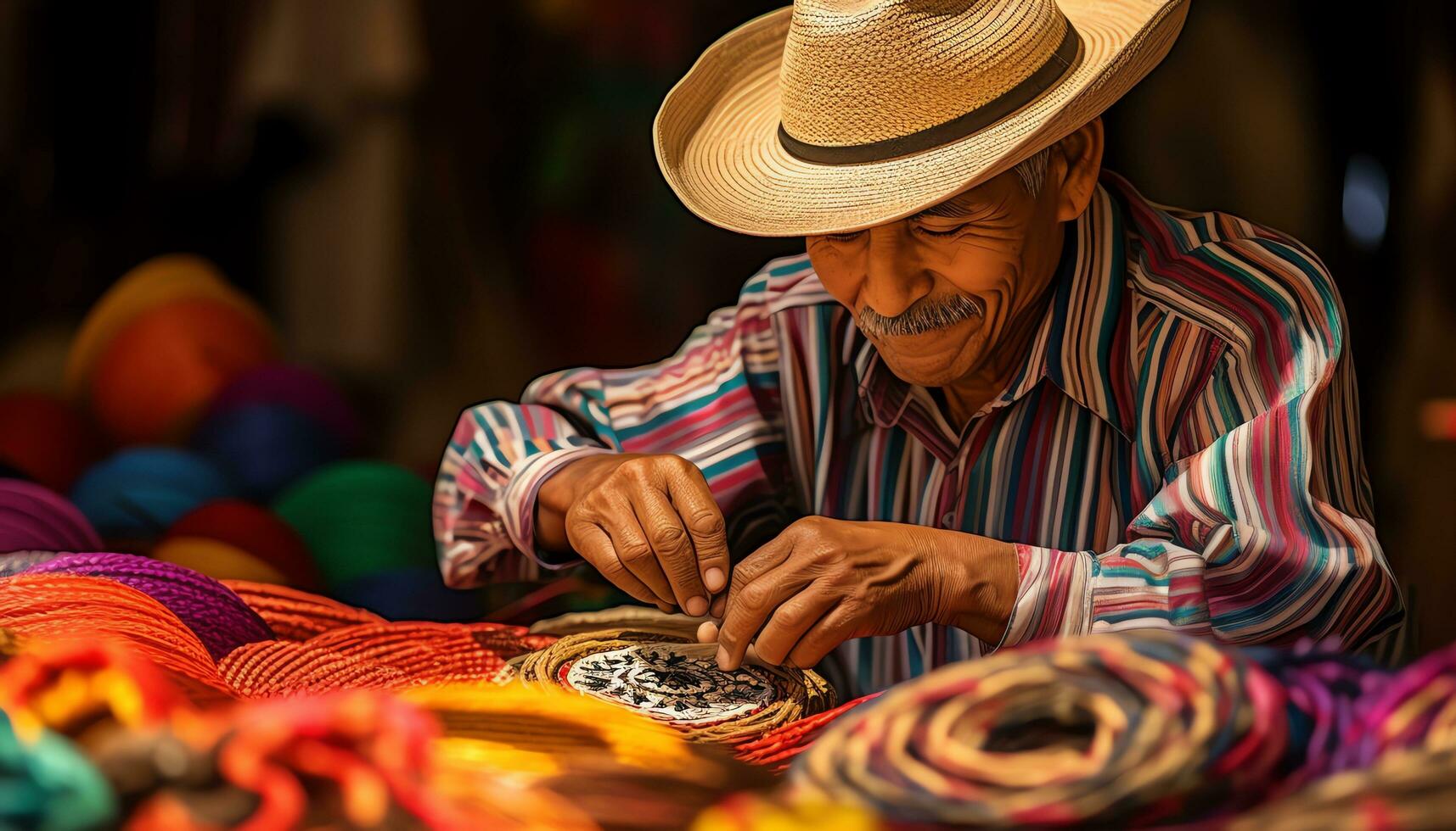 a man in a hat is working on a table with colorful hats Ai Generated photo