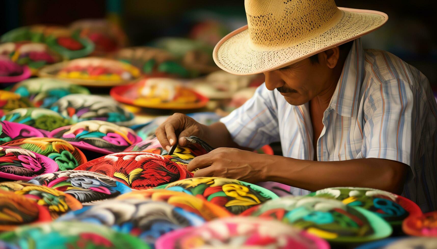 un hombre en un sombrero es trabajando en un mesa con vistoso sombreros ai generado foto