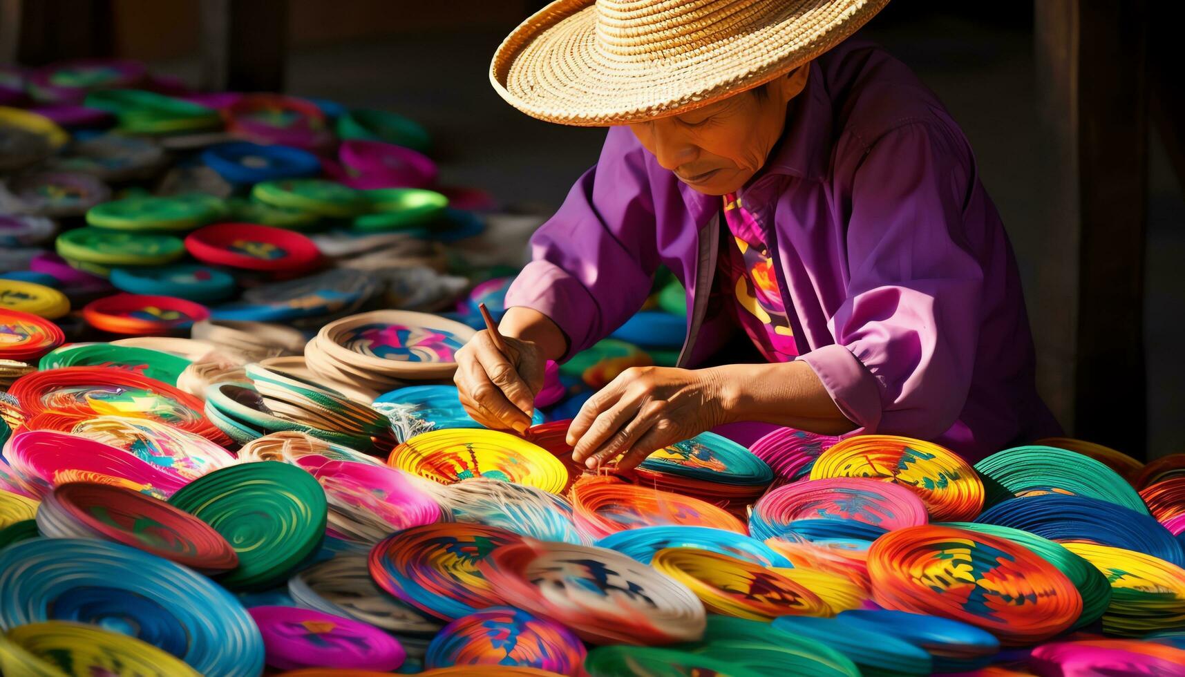 un hombre en un sombrero es trabajando en un mesa con vistoso sombreros ai generado foto