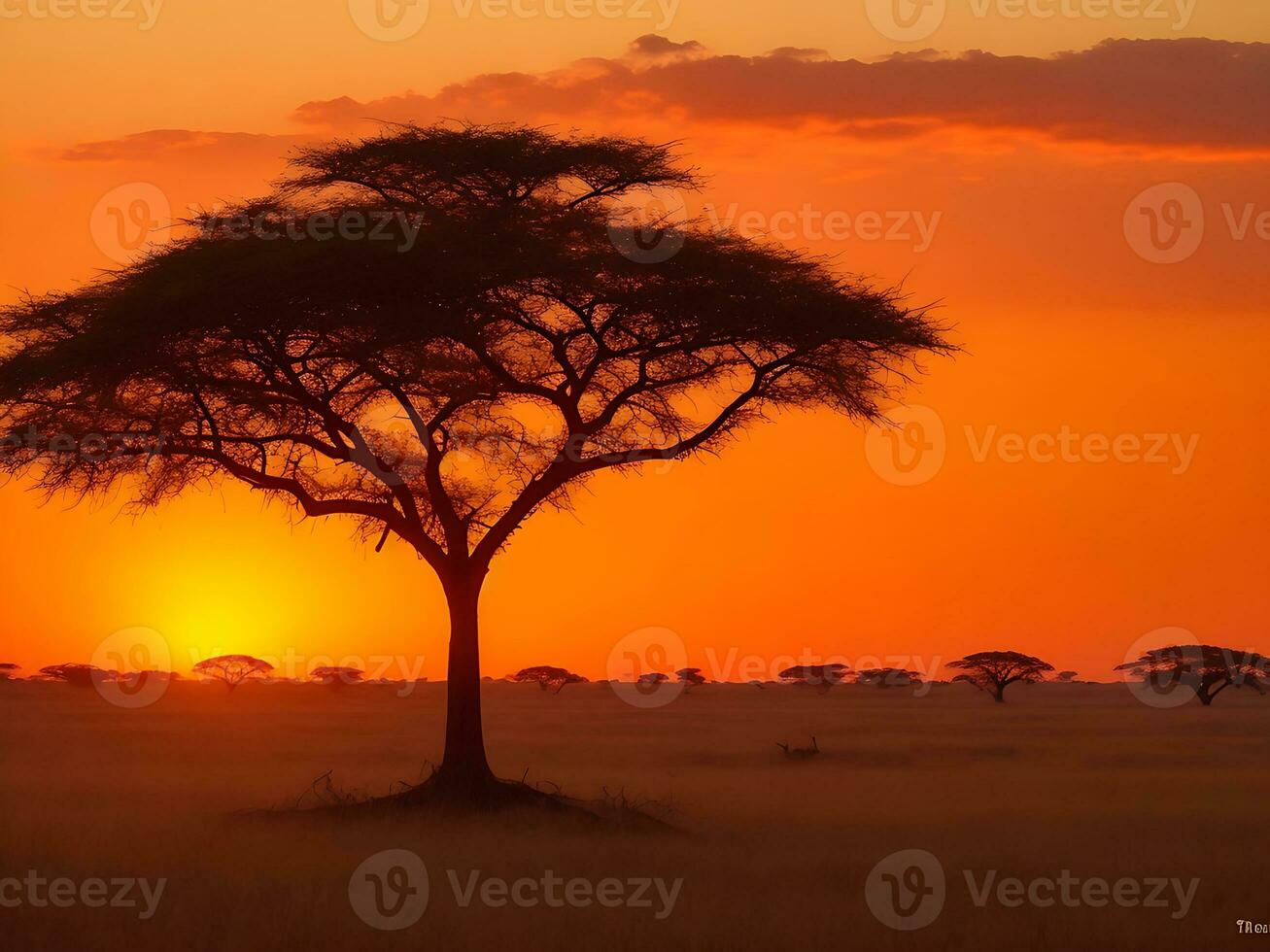 fascinante ver de el silueta de un árbol en el sabana llanuras durante puesta de sol generativo ai foto