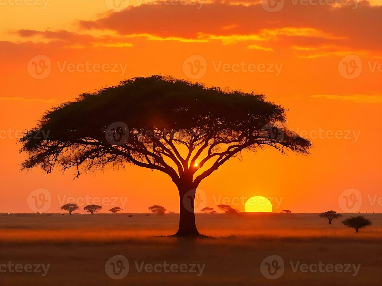 Mesmerizing view of the silhouette of a tree in the savanna plains during sunset generative ai photo