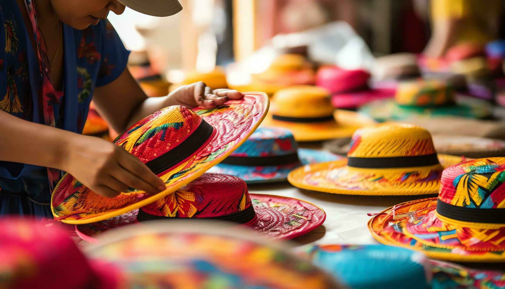 a man in a hat is selling colorful items Ai Generated photo