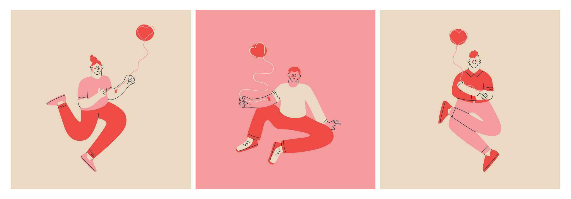 Three cute people blood donors with a blood collection catheter in a vein. Blood, plasma and internal organ donation. Set of vector isolated abstract characters.