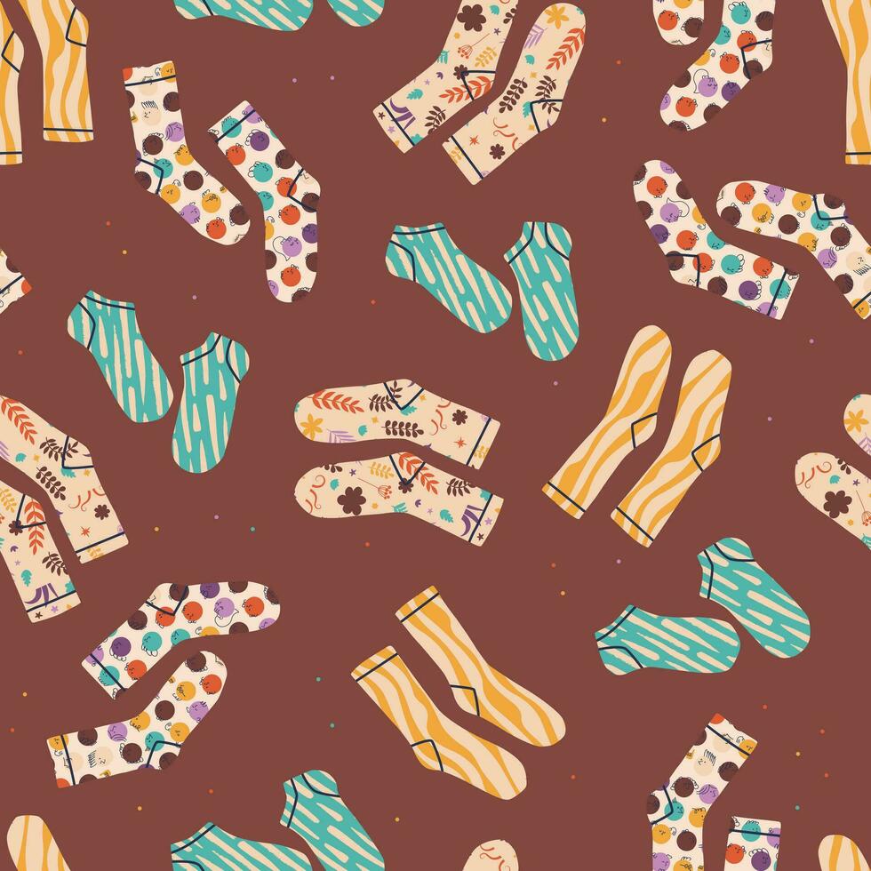 Vector seamless pattern with multi-colored socks with prints inside.