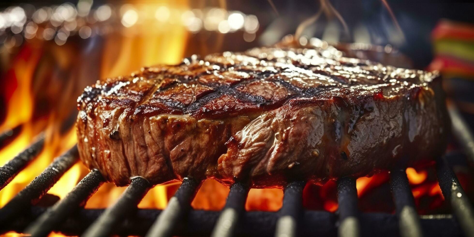 Beef ribeye steak grilling on a flaming grill. Generative AI photo