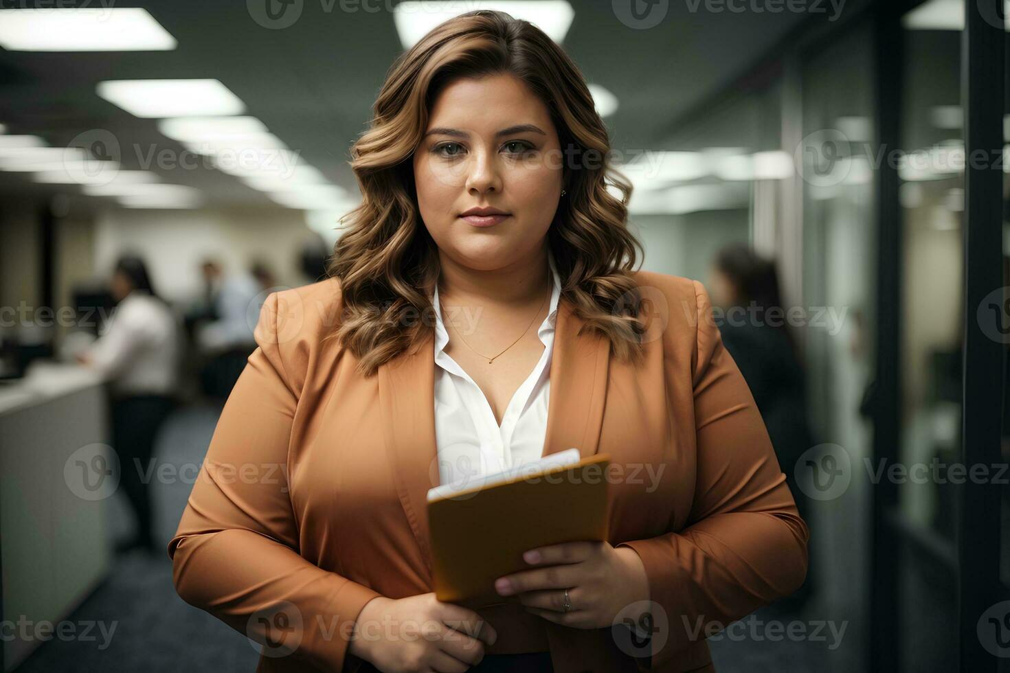 más Talla negocio mujer sentar en oficina. dama gerente en negocio traje. oficina obrero. ai generativo foto