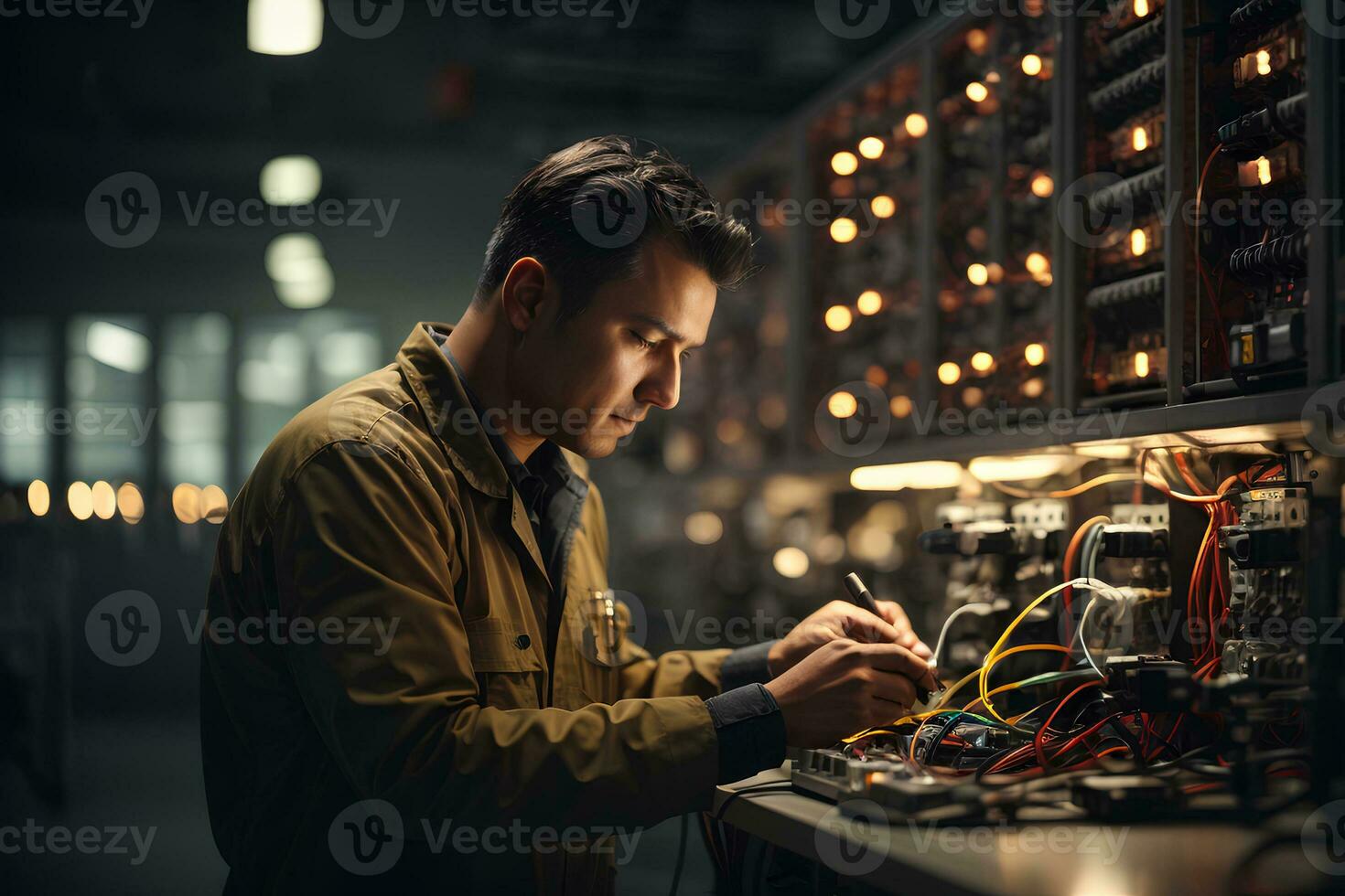 Handsome young technician repairing an electrical panel in a server room. AI generative photo