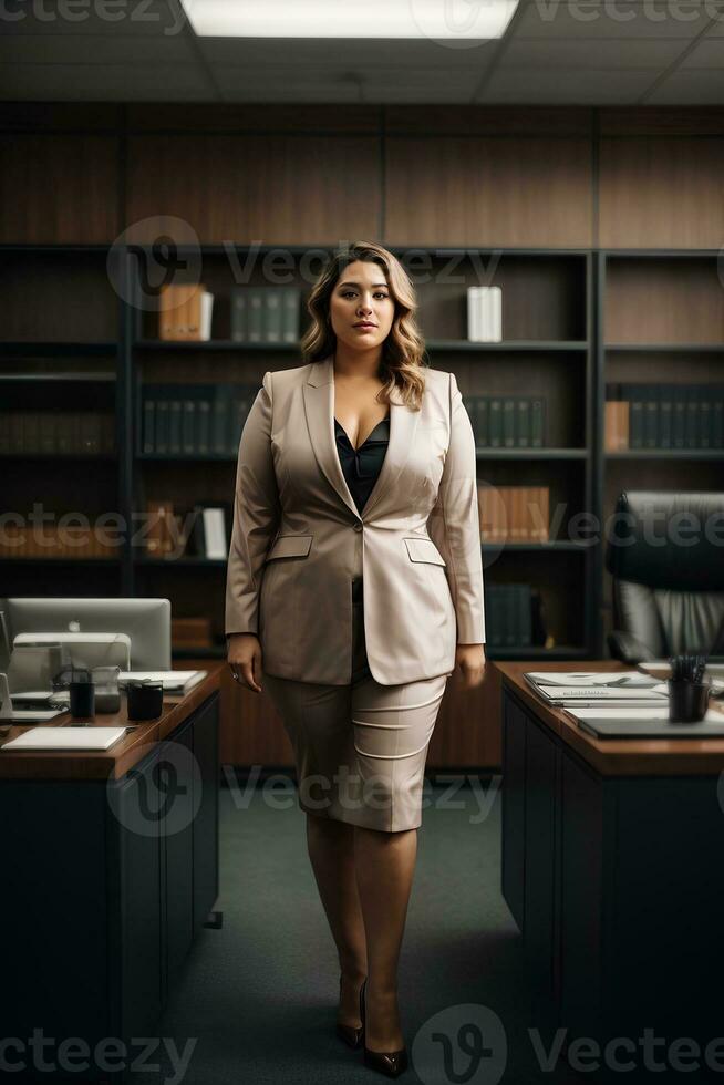 Plus size women business worker in office. Lady manager in business suit full length. AI generative photo