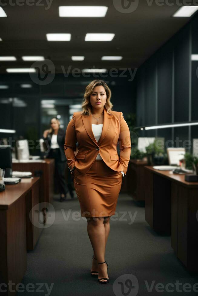 Plus size women business worker in office. Lady manager in business suit full length. AI generative photo