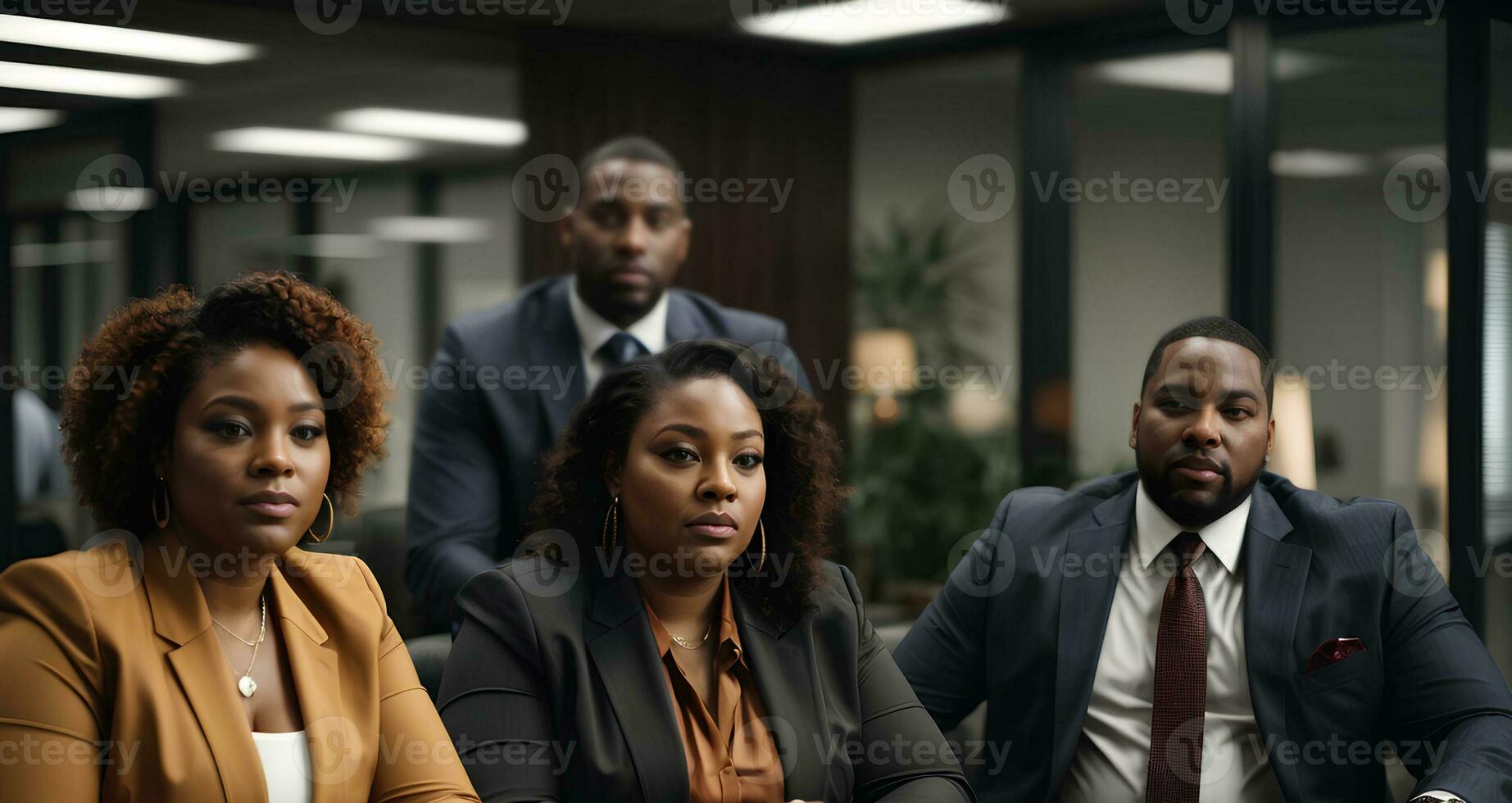 Group of african american business people sitting at table in office and looking at camera. Work at office, business meeting. AI generative photo