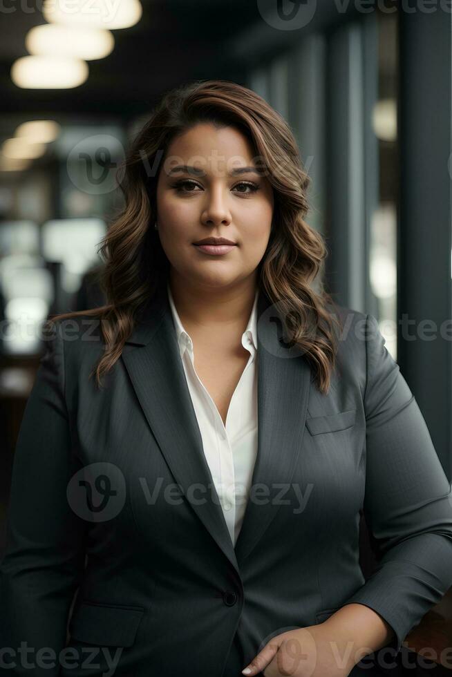 Plus size business woman sit in office. Lady manager in business suit. Office worker. AI generative photo