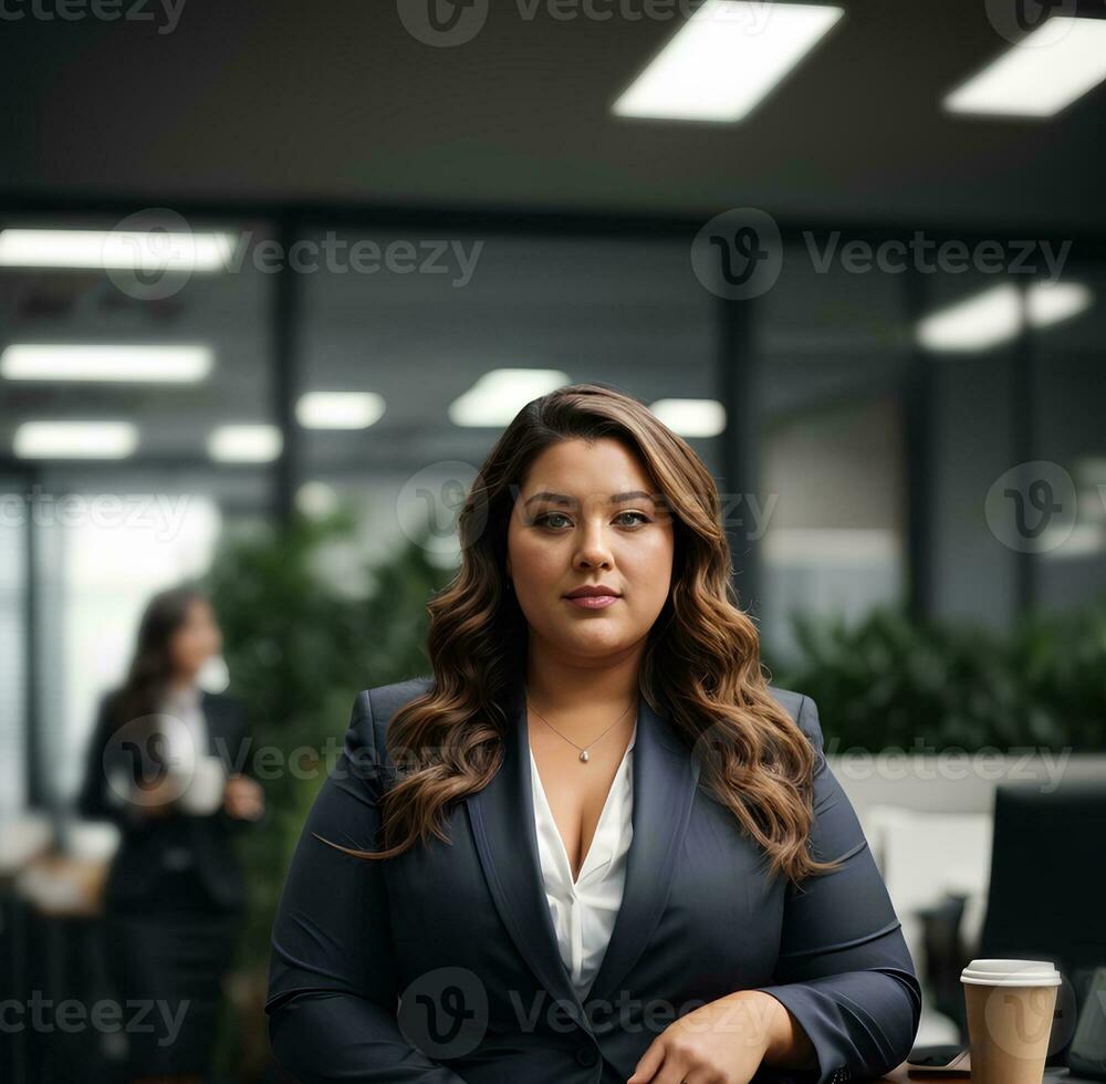 Plus size business woman sit in office. Lady manager in business suit. Office worker. AI generative photo