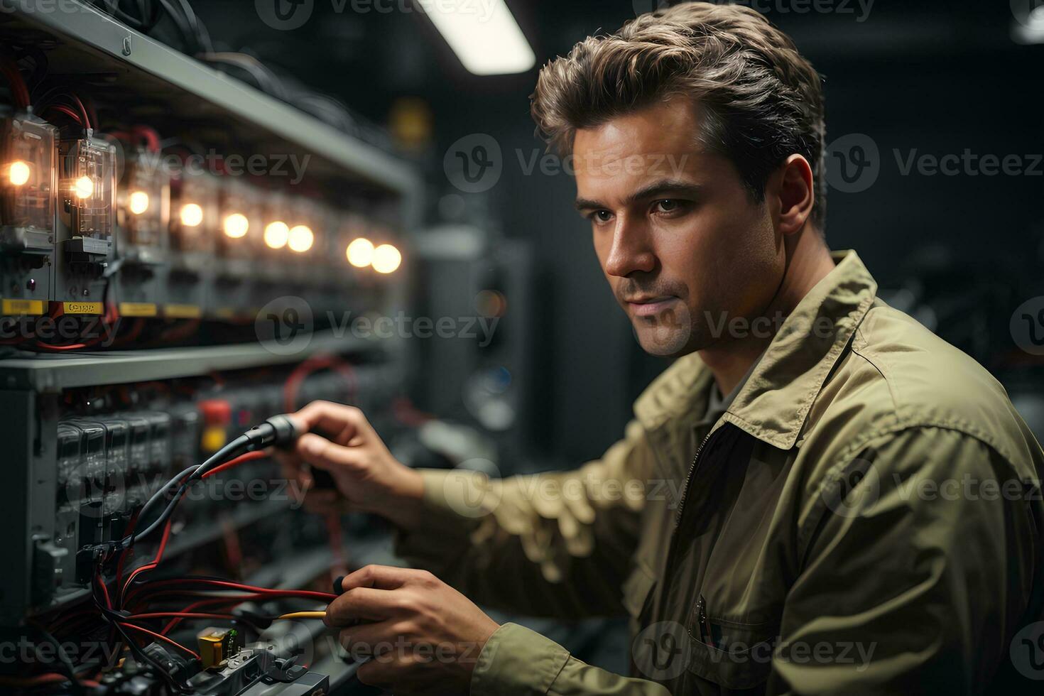 Handsome young technician repairing an electrical panel in a server room. AI generative photo