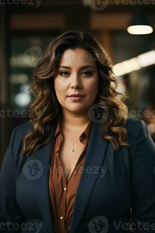 Portrait of plus size women business worker in office. Lady manager in business suit. Office worker. AI generative photo
