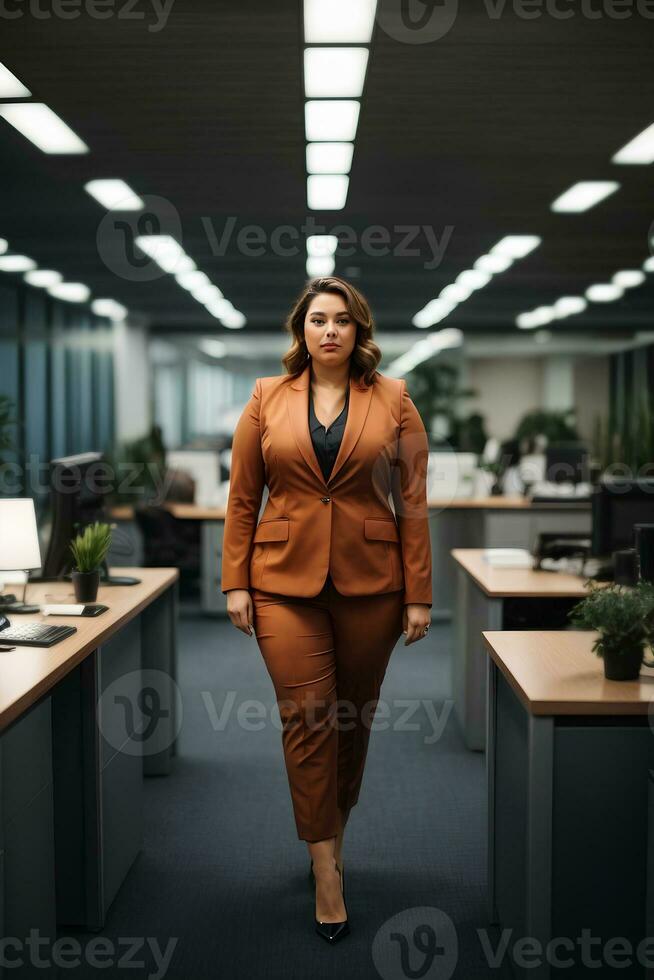 Plus size women business worker in office. Lady manager in business suit full length. AI generative photo