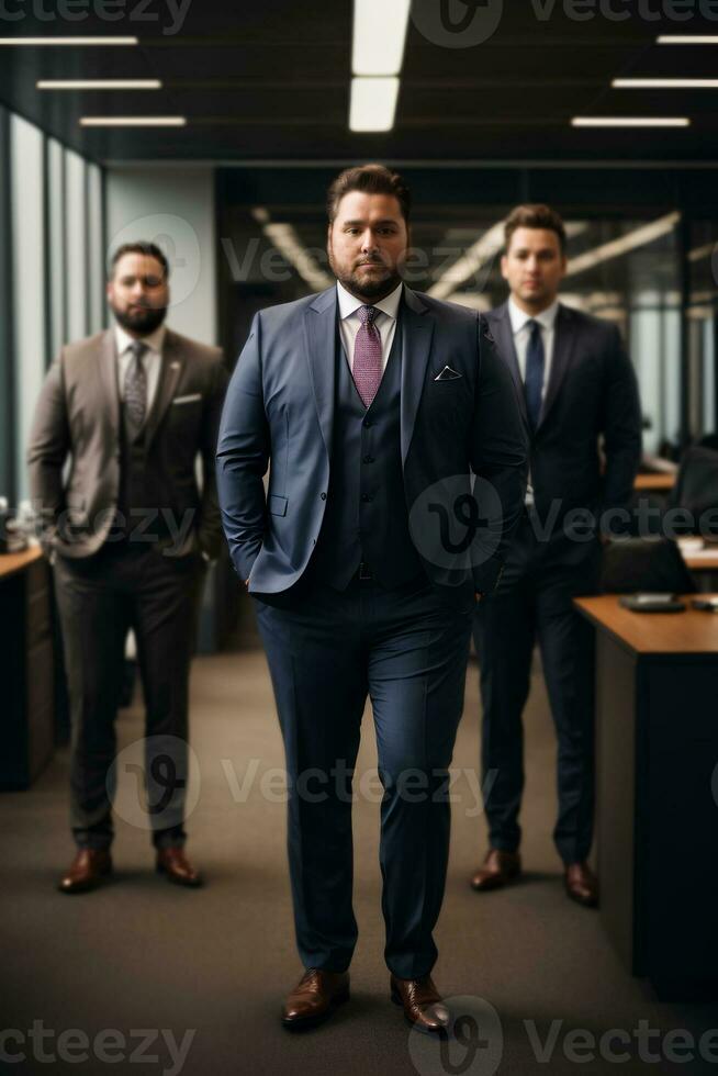 Plus size african american men, business workers in office. Manager in business suit full length. AI generative photo