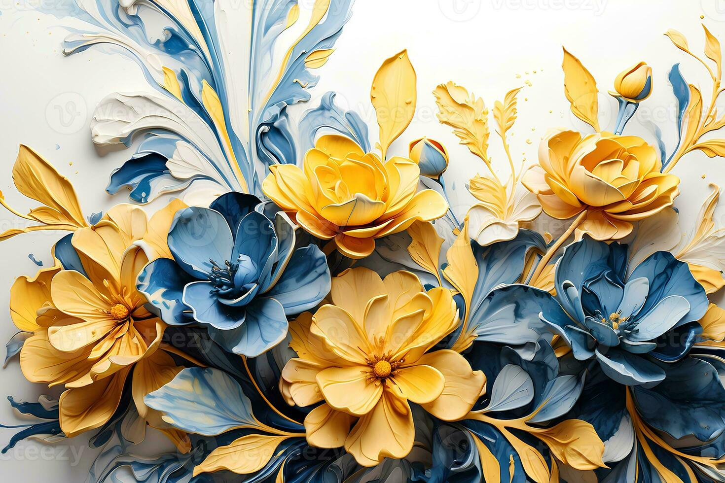 Marble abstract background with yellow and blue flowers. Acrylic paint. Decoration for wallpaper desktop, poster, cover booklet. AI generative photo