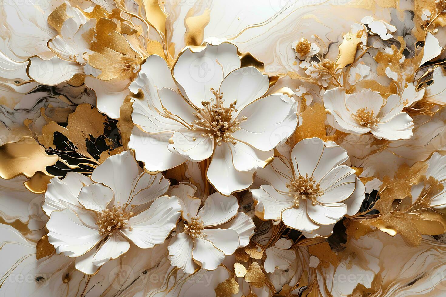 Marble abstract background with flowers in white and gold. Acrylic paint. Decoration for wallpaper desktop, poster, cover booklet. AI generative photo