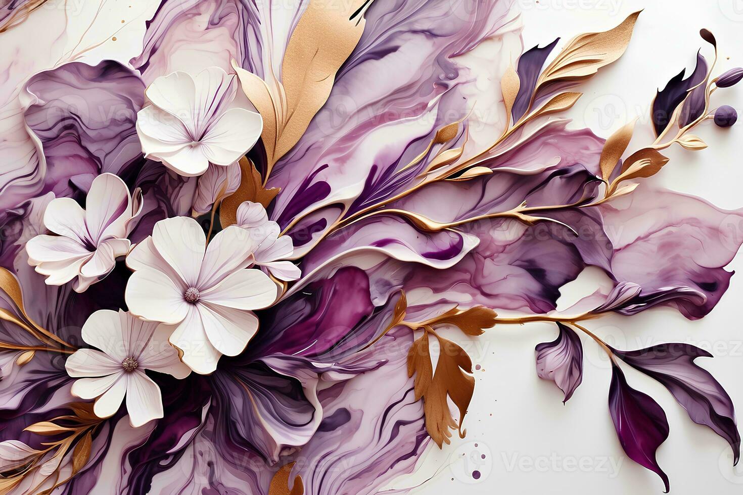 Marble abstract background with purple flowers. Acrylic paint. Decoration for wallpaper desktop, poster, cover booklet. AI generative photo