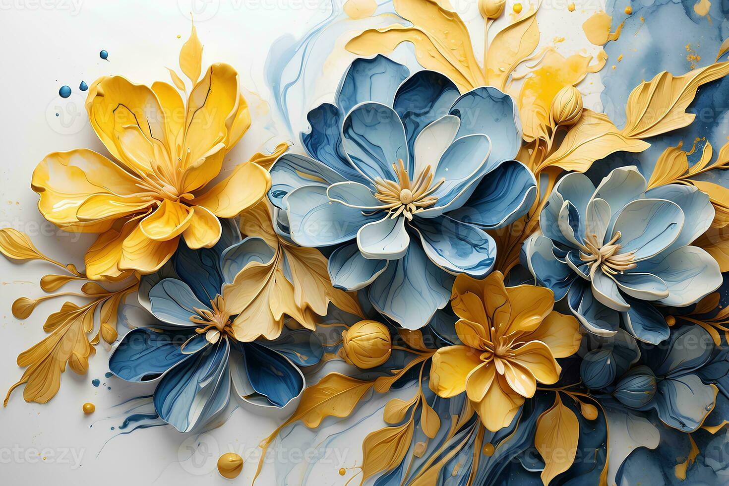 Marble abstract background with yellow and blue flowers. Acrylic paint. Decoration for wallpaper desktop, poster, cover booklet. AI generative photo