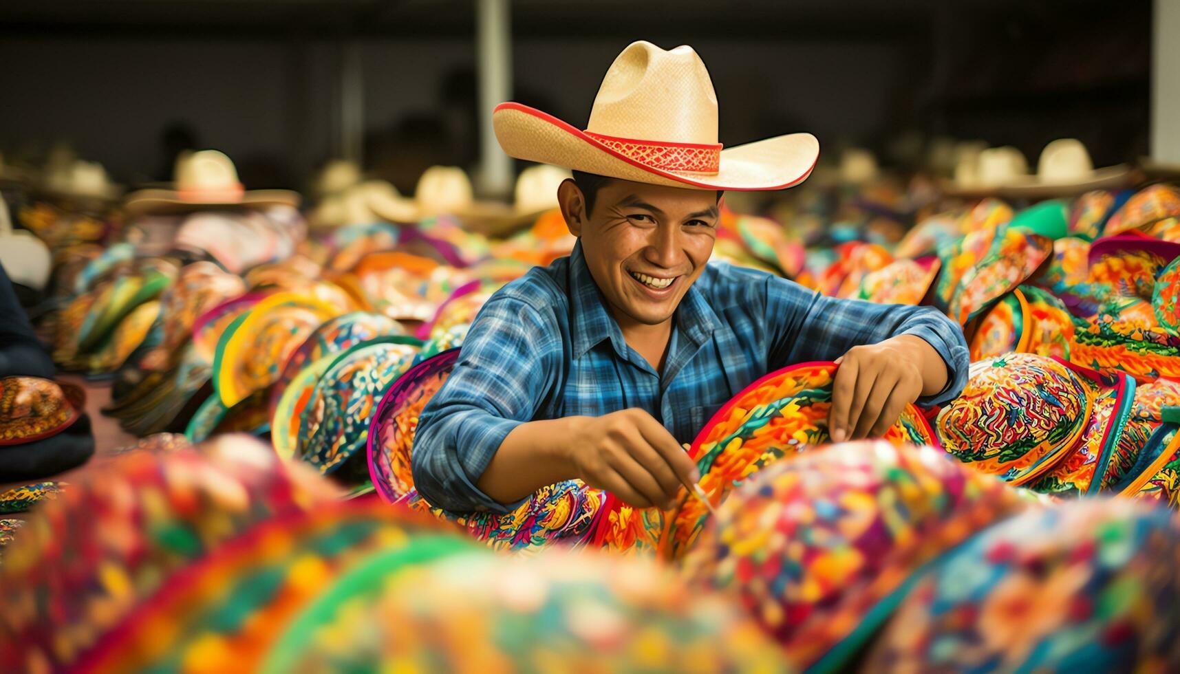 a man in a hat is selling colorful items Ai Generated photo