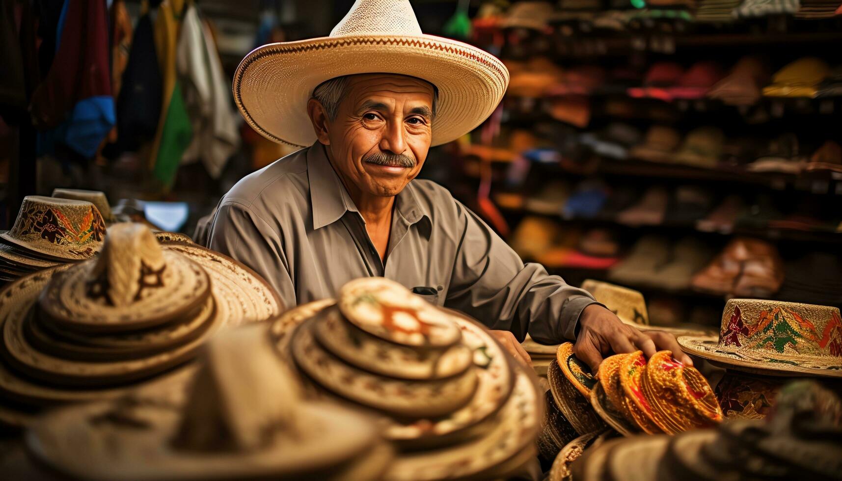 a man in a hat is selling colorful items Ai Generated photo