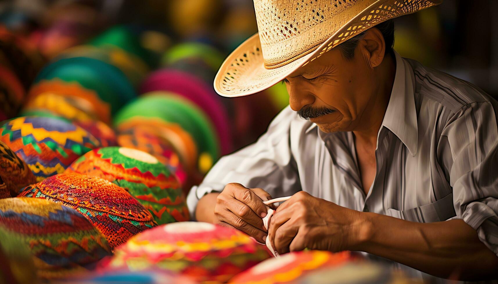 a man in a hat is selling colorful items Ai Generated photo