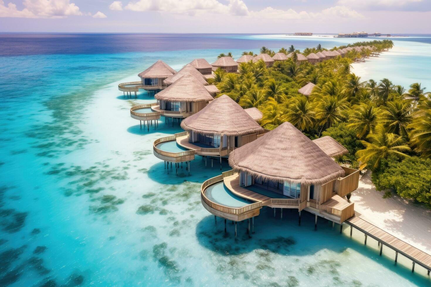 tropical playa con agua bungalows a Maldivas, Perfecto aéreo paisaje, lujo tropical recurso o hotel con agua villas y hermosa playa escenario, ai generado foto