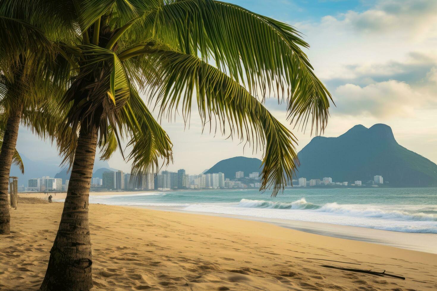 palma arboles en el playa en rio Delaware janeiro, Brasil, palmas y dos hermanos montaña en ipanema playa, rio Delaware janeiro, ai generado foto