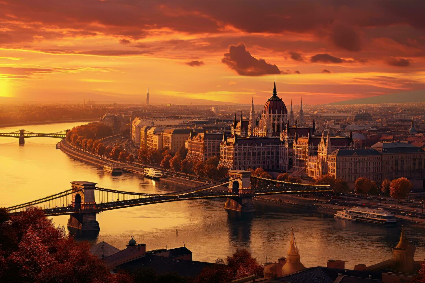 Dramatic sunset over the Danube river in Budapest, Hungary, Panoramic view over the budapest at sunset, AI Generated photo