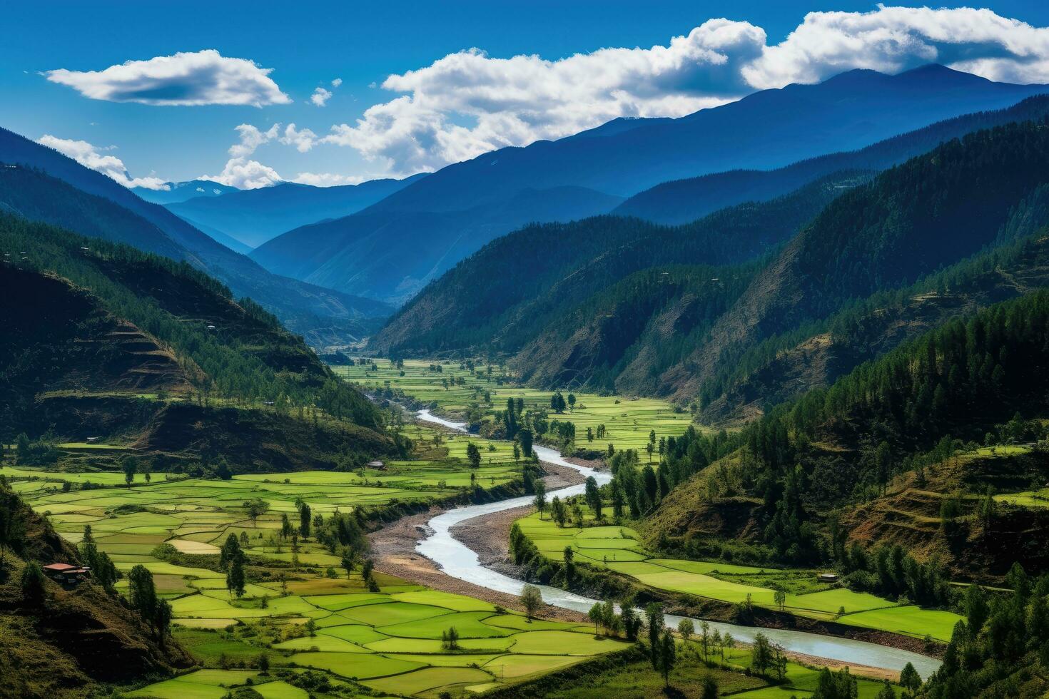 Panoramic view of the valley in Himalayas, Nepal, Panorama view of Paro valley, Bhutan, AI Generated photo