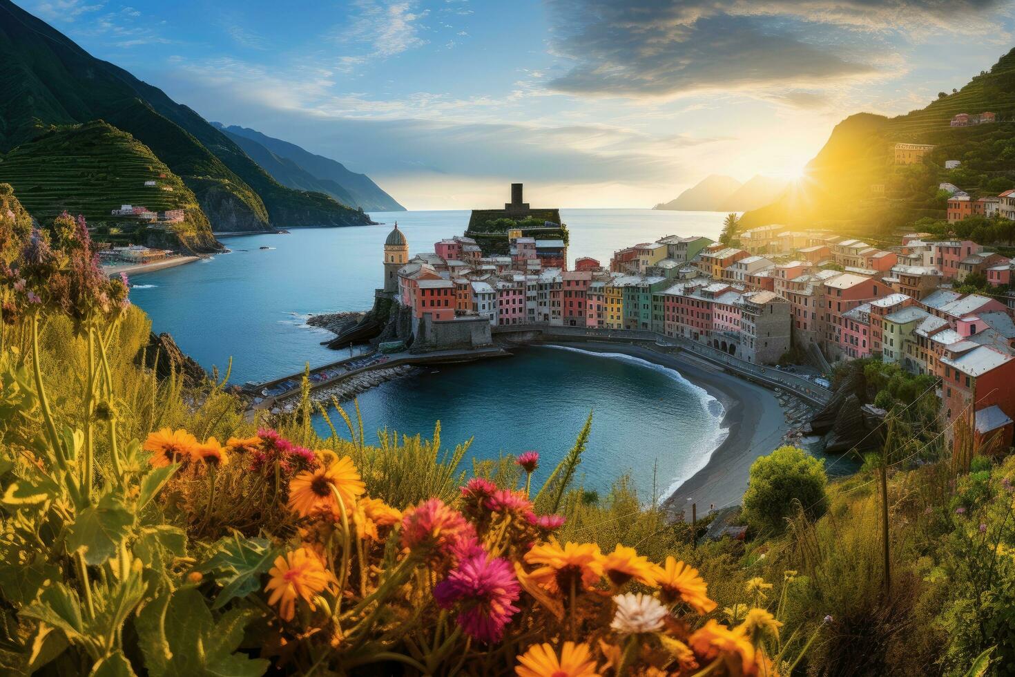 Sunset over Vernazza village in Cinque Terre, Italy, Panorama of Vernazza and suspended garden, Cinque Terre National Park, Liguria, Italy, Europe, AI Generated photo
