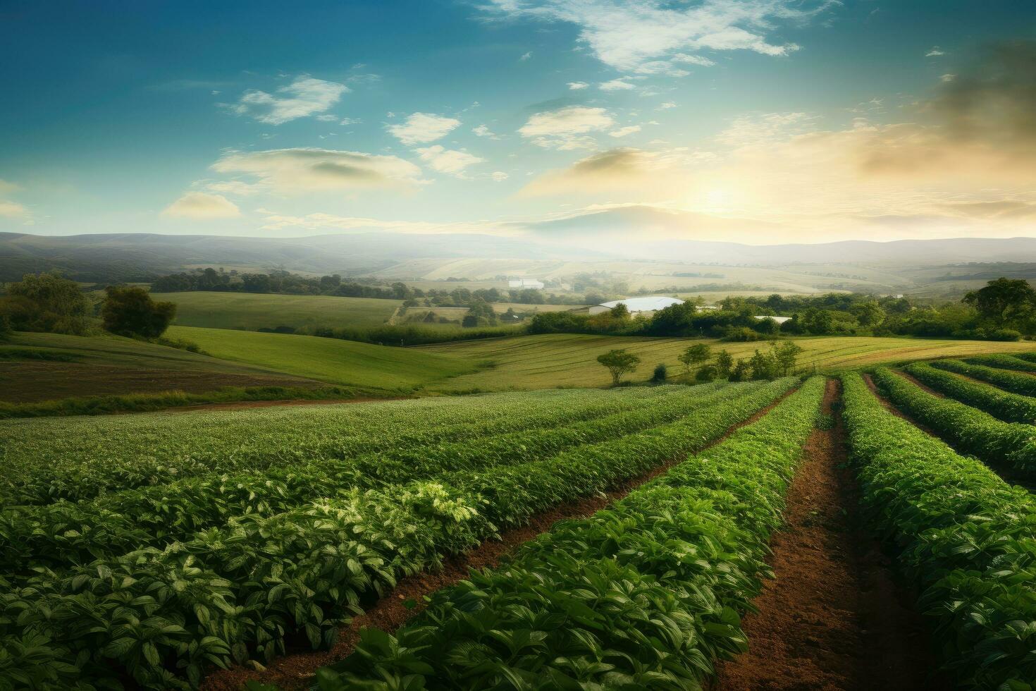 maní campo a puesta de sol. hermosa verano paisaje en sur Corea, panorámico foto de un hermosa agrícola ver con pimienta y Puerro plantaciones, ai generado