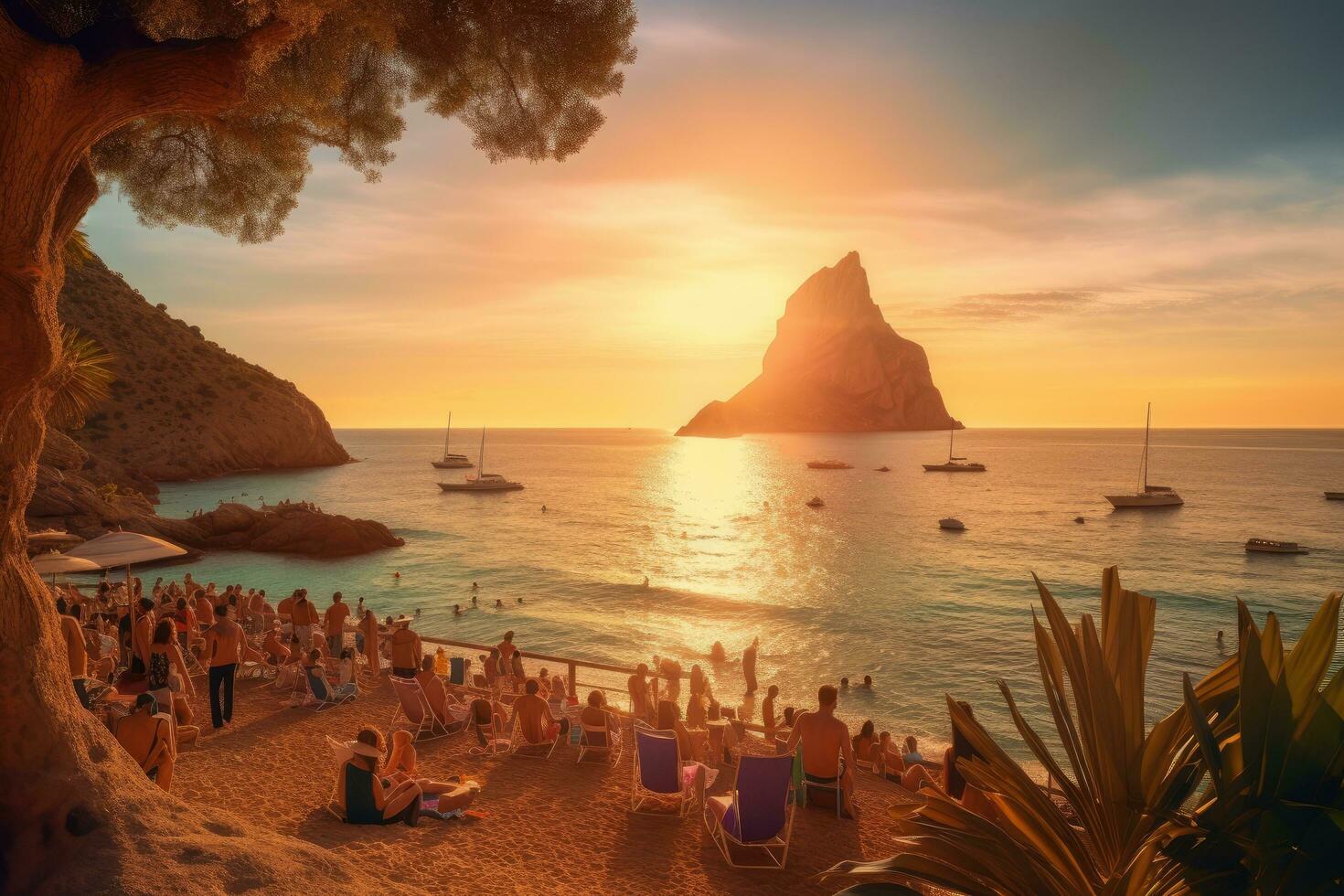 Beautiful sunset over the beach in Rio de Janeiro, Brazil, Picturesque view of Cala d'Hort tropical Beach, people hangout in beautiful beach with Es Vedra rock view during, AI Generated photo