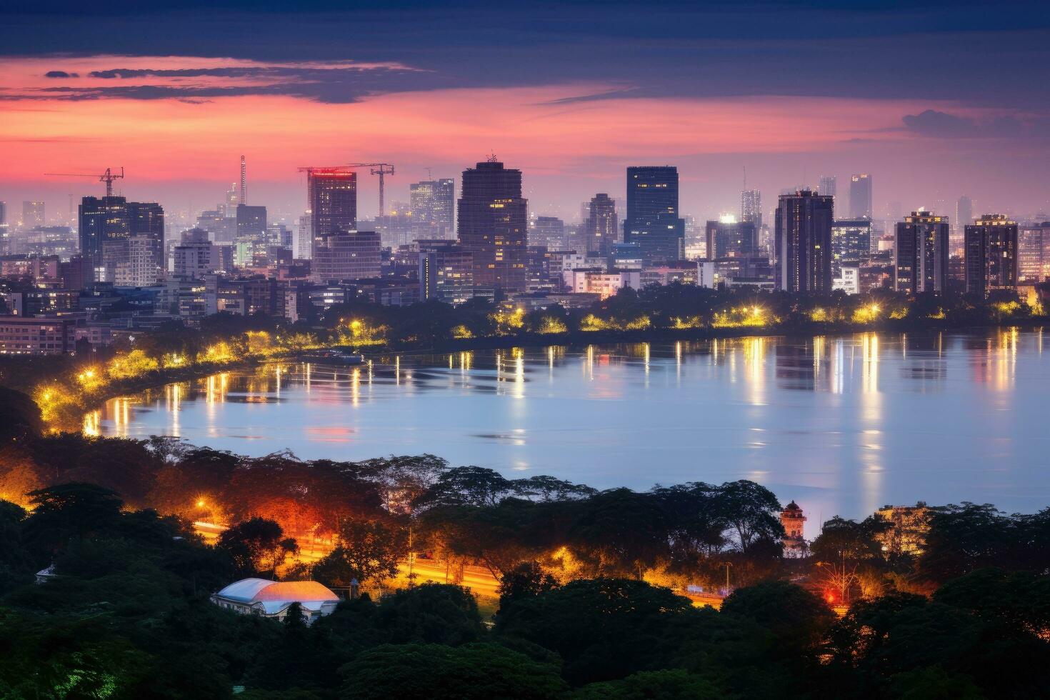 Scenic view of Bangkok city at twilight time,Thailand, Hanoi skyline cityscape at twilight period. Cau Giay park, west of Hanoi, AI Generated photo