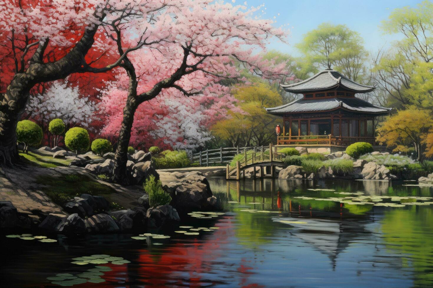 Pagoda and cherry blossom trees in a Japanese garden, painting of a japanese garden with sakura tree ultra realistic photrealistic realism, AI Generated photo
