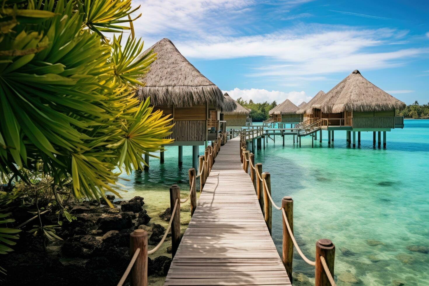 Wooden bridge to water bungalows in tropical Maldives island, Over water bungalows with steps into green lagoon, AI Generated photo