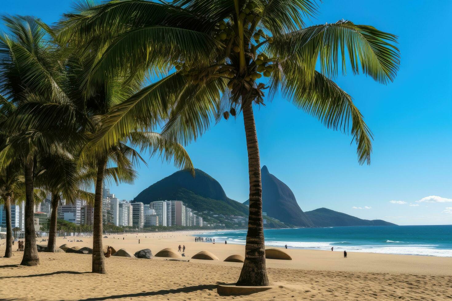 ver de rio Delaware janeiro, Brasil desde el playa con palma árboles, palmas y dos hermanos montaña en ipanema playa, rio Delaware janeiro, ai generado foto