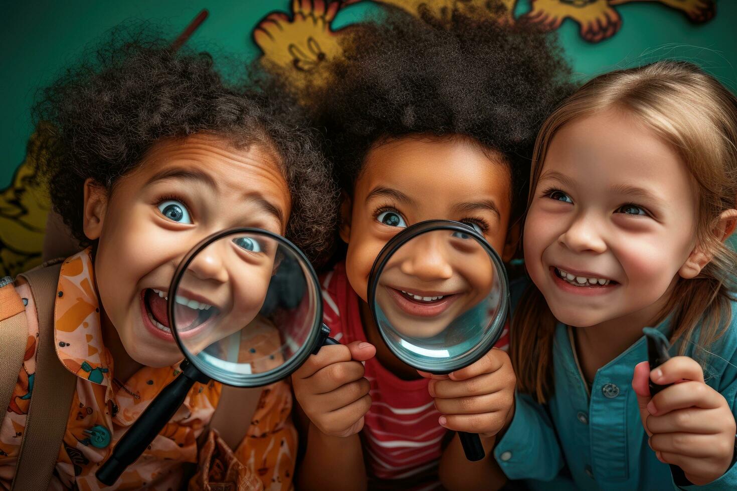 smiling multicultural kids with magnifying glass looking at camera isolated on green, Group of kindergarten kids friends holding the magnifying glasses for explore, top section cropped, AI Generated photo