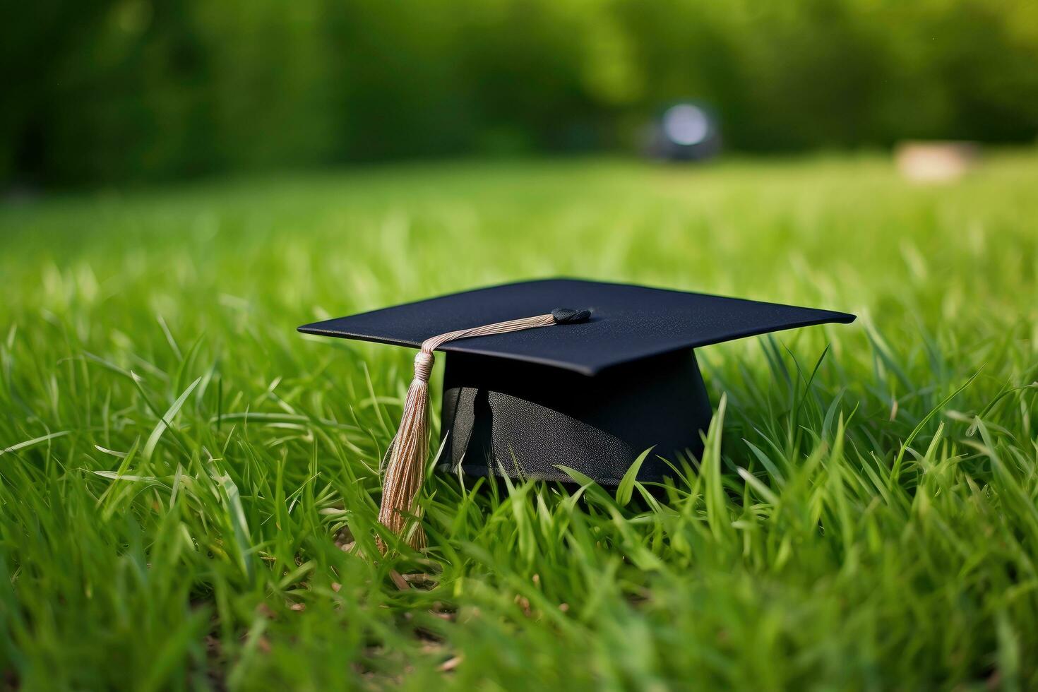 Graduation cap and diploma on green grass, shallow depth of field, graduation hat lies on green grass, AI Generated photo